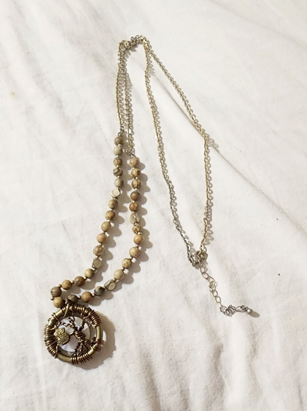 Boho Multi-Strand Beige Stone Necklace with Gold Pendant